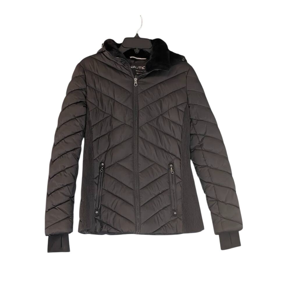 Nautica Puffer Coat Jackets Womens M Black Quilted Detach Hood Water Resistant1